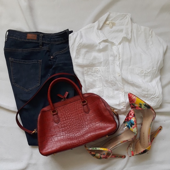 {Preston & York} Red Faux Croc Embossed Bowler Bag - Picture 1 of 8